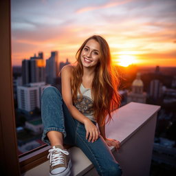 A beautiful young woman in her late teens, sitting playfully on a windowsill, looking out at a cityscape during sunset
