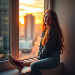 A beautiful young woman in her late teens, sitting playfully on a windowsill, looking out at a cityscape during sunset