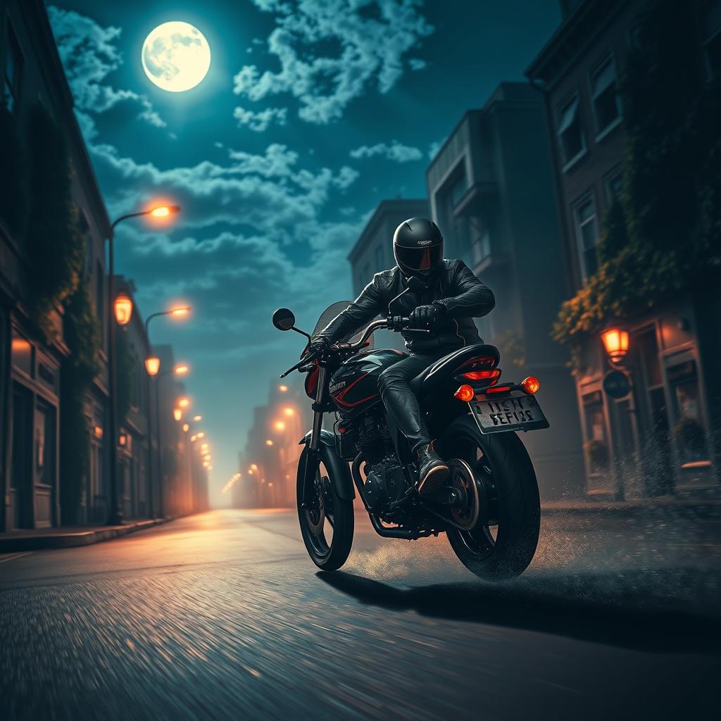 A captivating scene of a mysterious thief riding a sleek motorcycle down a dark city street at night