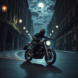A captivating scene of a mysterious thief riding a sleek motorcycle down a dark city street at night