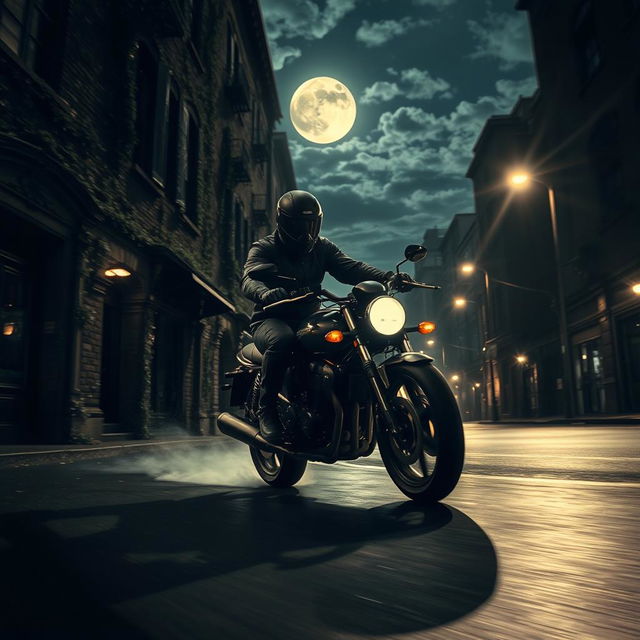 A captivating scene of a mysterious thief riding a sleek motorcycle down a dark city street at night