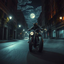 A captivating scene of a mysterious thief riding a sleek motorcycle down a dark city street at night