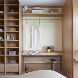 A full view of a tastefully decorated bedroom with a spacious walk-in closet, an ergonomically designed study table, and a small yet efficiently organized book rack.