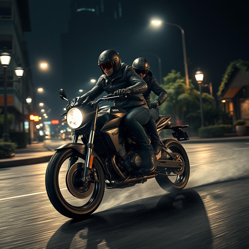 An exhilarating nighttime scene featuring two mysterious thieves riding a powerful motorcycle down a dimly lit street