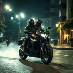 An exhilarating nighttime scene featuring two mysterious thieves riding a powerful motorcycle down a dimly lit street