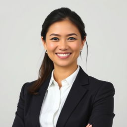 A professional resume photo featuring a confident individual with a friendly smile, wearing business formal attire, suitable for a corporate environment