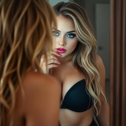 A close-up photographic image capturing the mirror image of a sexy and curvy 18-year-old girl