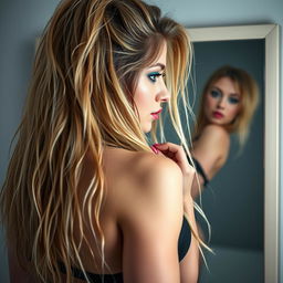 A close-up photographic image from behind of the mirror image of a sexy and curvy 18-year-old girl