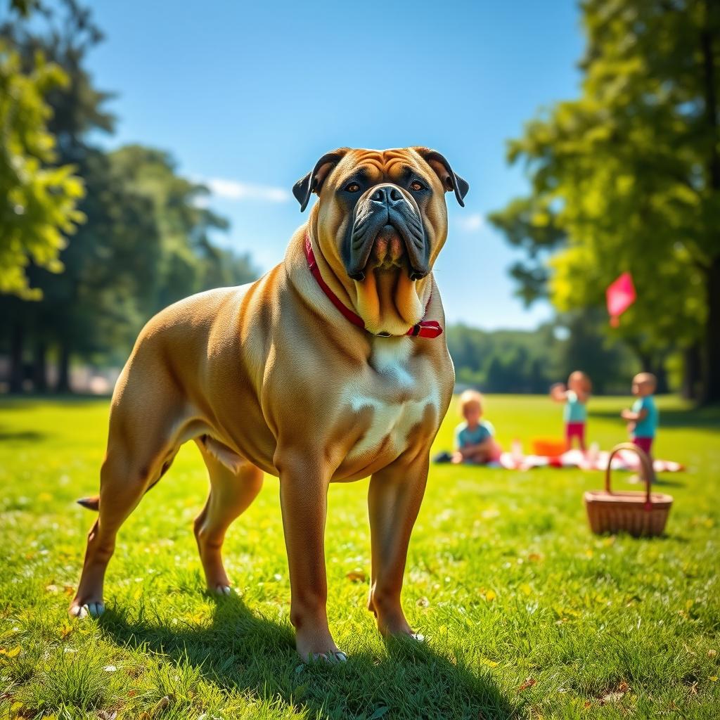 A large, muscular dog, standing proudly in a lush green park