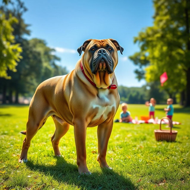 A large, muscular dog, standing proudly in a lush green park