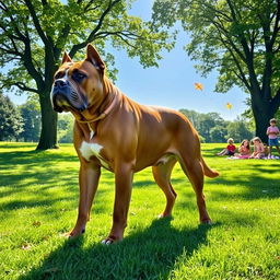 A large, muscular dog, standing proudly in a lush green park