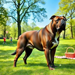 A large, muscular dog, standing proudly in a lush green park