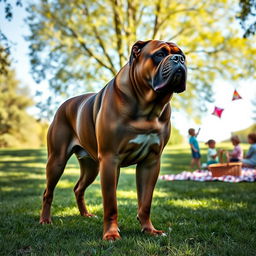 A large, muscular dog, standing proudly in a lush green park