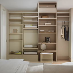 A full view of a tastefully decorated bedroom with a spacious walk-in closet, an ergonomically designed study table, and a small yet efficiently organized book rack.