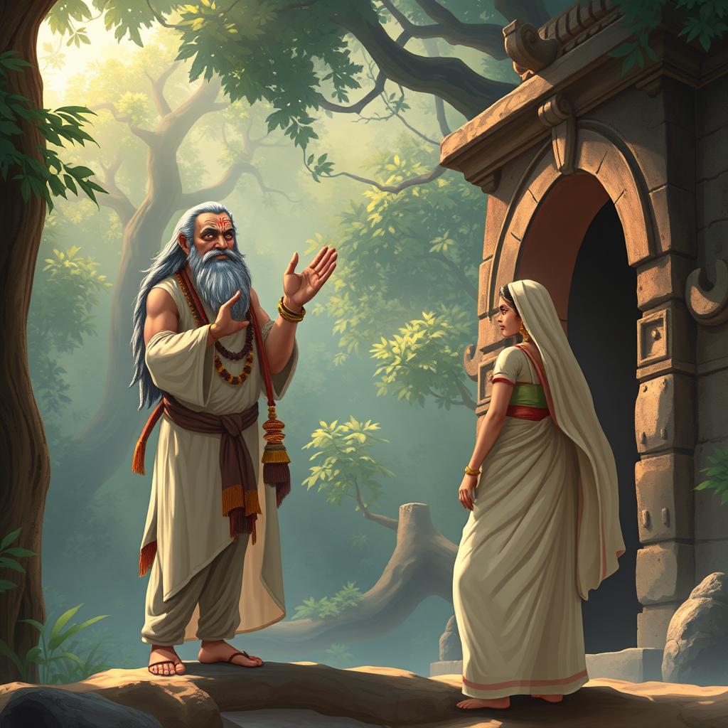 Ravana disguised as an ascetic sage standing outside the Lakshman Rekha, exuding an aura of cunning and deceit