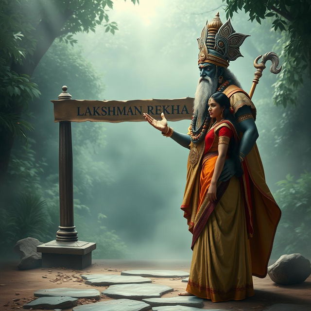 Ravana dressed as an ascetic sage, standing outside the Lakshman Rekha