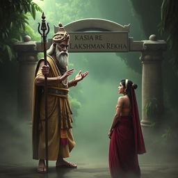 Ravana dressed as an ascetic sage, standing outside the Lakshman Rekha