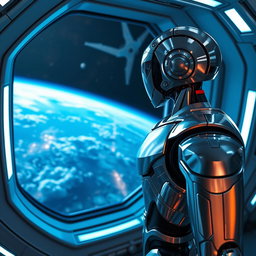 A stunning view of a futuristic humanoid robot standing inside a space station, gazing out at the breathtaking view of Earth through a large window