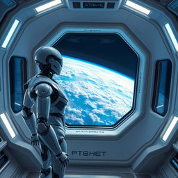A stunning view of a futuristic humanoid robot standing inside a space station, gazing out at the breathtaking view of Earth through a large window