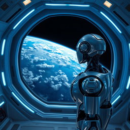 A stunning view of a futuristic humanoid robot standing inside a space station, gazing out at the breathtaking view of Earth through a large window