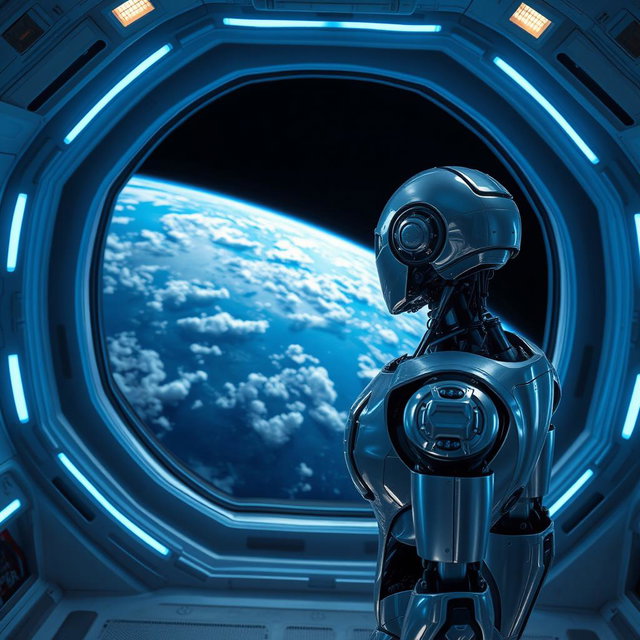 A stunning view of a futuristic humanoid robot standing inside a space station, gazing out at the breathtaking view of Earth through a large window