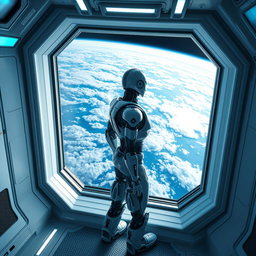 A stunning view of a futuristic humanoid robot standing inside a space station, gazing out at the breathtaking view of Earth through a large window