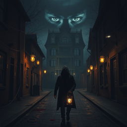 A dark and intriguing atmosphere depicting a narrow small-town street at night, with cobblestones reflecting the warm glow of antique street lamps