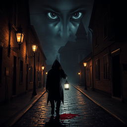 A dark and intriguing atmosphere depicting a narrow small-town street at night, with cobblestones reflecting the warm glow of antique street lamps
