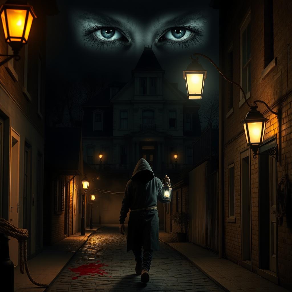 A dark and intriguing atmosphere depicting a narrow small-town street at night, with cobblestones reflecting the warm glow of antique street lamps