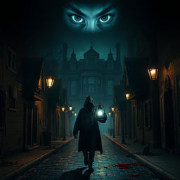 A dark and intriguing atmosphere depicting a narrow small-town street at night, with cobblestones reflecting the warm glow of antique street lamps