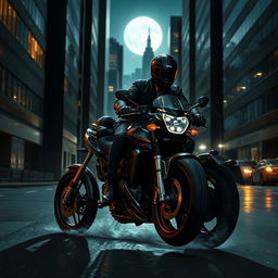 An intense nighttime tableau featuring two mysterious thieves riding a powerful motorcycle through a deserted urban street