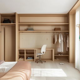 A full view of a tastefully decorated bedroom with a spacious walk-in closet, an ergonomically designed study table, and a small yet efficiently organized book rack.