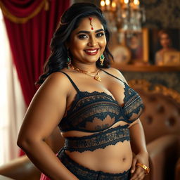 A beautiful Indian woman with a sexy, chubby body, confidently modeling elegant lingerie