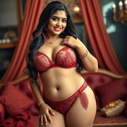 A beautiful Indian woman with a sexy, chubby body, confidently modeling elegant lingerie