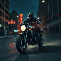 An electrifying scene depicting two mysterious thieves riding a high-performance motorcycle down a shadowy street at night