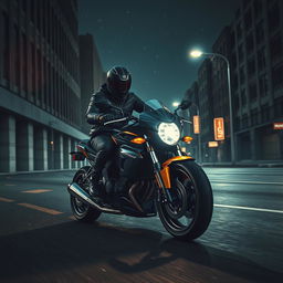 An electrifying scene depicting two mysterious thieves riding a high-performance motorcycle down a shadowy street at night