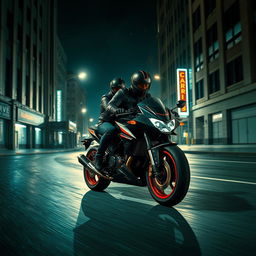 An electrifying scene depicting two mysterious thieves riding a high-performance motorcycle down a shadowy street at night
