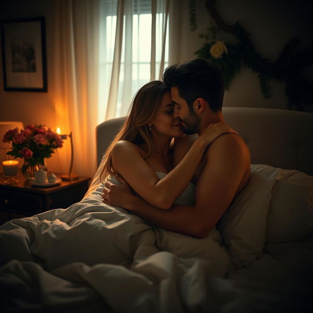A romantic bedroom scene featuring an intimate atmosphere with soft lighting, showcasing a couple in a loving embrace under the sheets