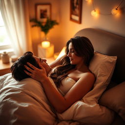 A romantic bedroom scene featuring an intimate atmosphere with soft lighting, showcasing a couple in a loving embrace under the sheets