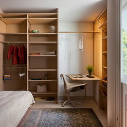 A full view of a tastefully decorated bedroom with a spacious walk-in closet, an ergonomically designed study table, and a small yet efficiently organized book rack.