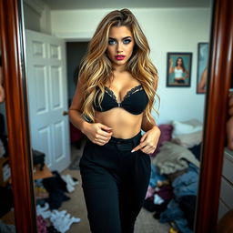 A full-length photographic image depicting the mirror image of a sexy and curvy 18-year-old girl in her bedroom