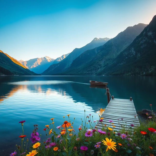 A stunning high-resolution image of a serene landscape featuring a tranquil lake surrounded by lush green mountains under a clear blue sky