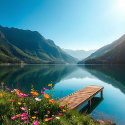 A stunning high-resolution image of a serene landscape featuring a tranquil lake surrounded by lush green mountains under a clear blue sky