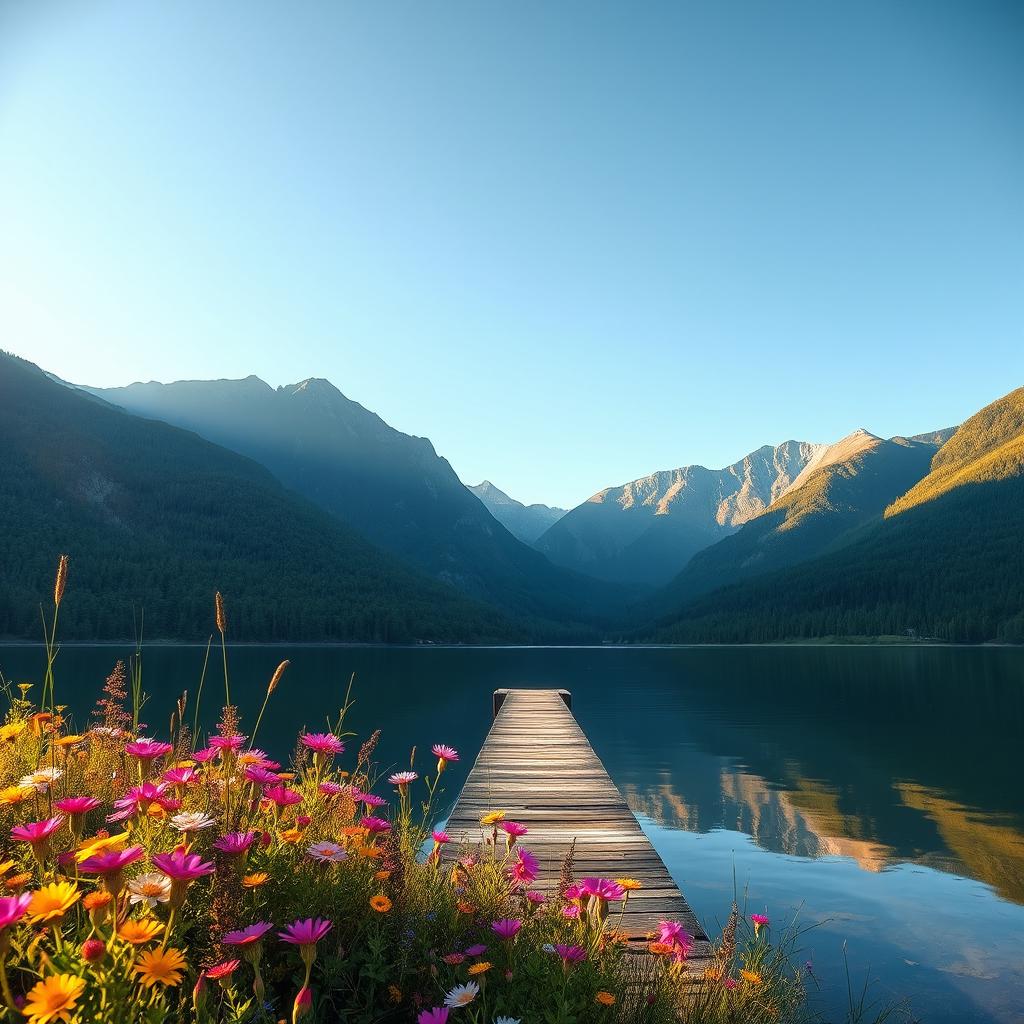 A stunning high-resolution image of a serene landscape featuring a tranquil lake surrounded by lush green mountains under a clear blue sky