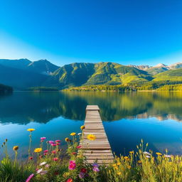 A stunning high-resolution image of a serene landscape featuring a tranquil lake surrounded by lush green mountains under a clear blue sky