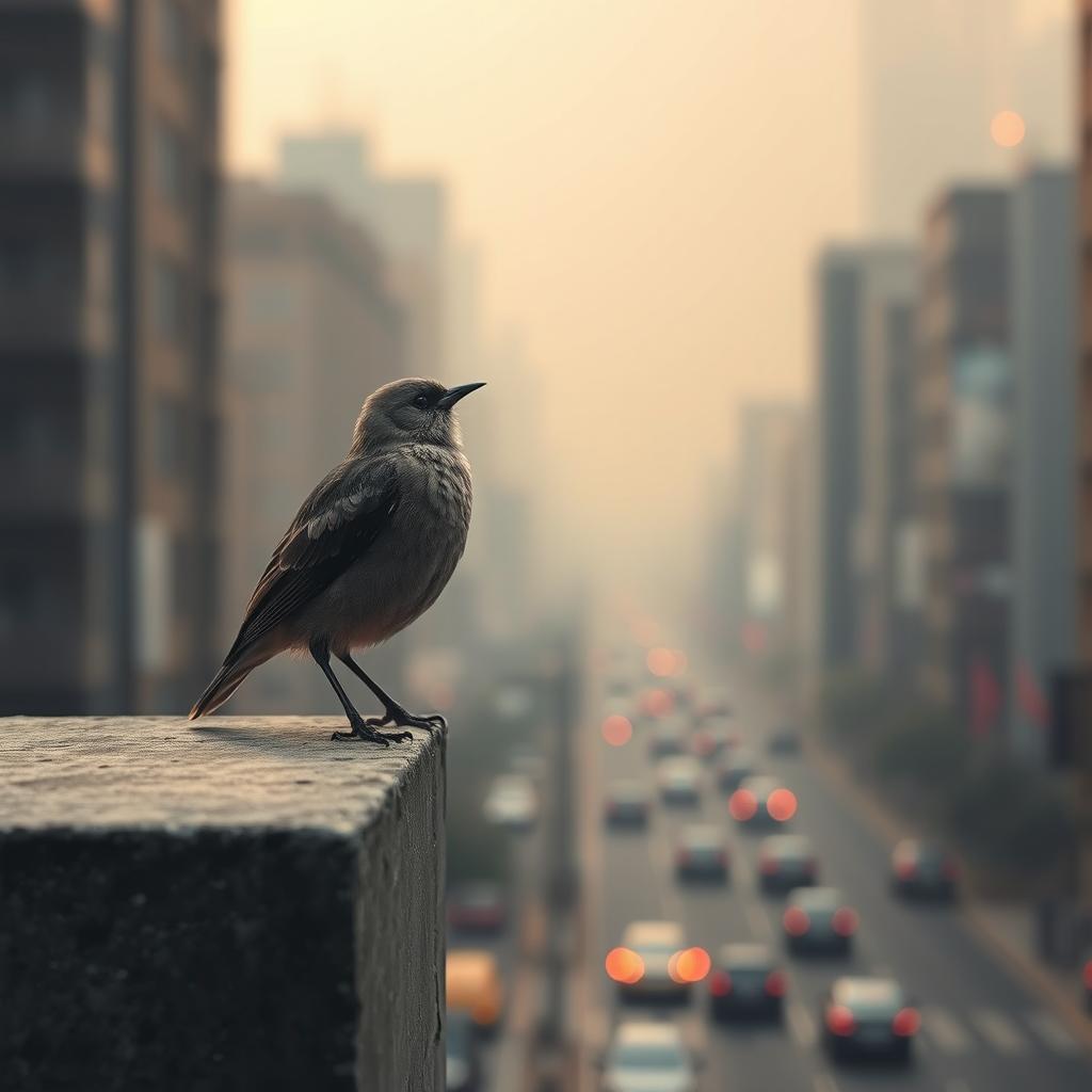 A solitary bird sitting on an urban wall, singing melancholic songs against a backdrop of a gray city