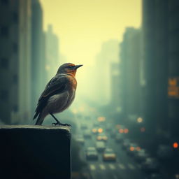 A solitary bird sitting on an urban wall, singing melancholic songs against a backdrop of a gray city