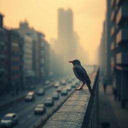 A solitary bird sitting on an urban wall, singing melancholic songs against a backdrop of a gray city