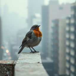 A solitary bird sitting on an urban wall, singing melancholic songs against a backdrop of a gray city