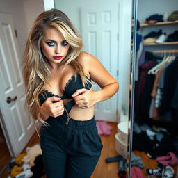 A full-length photographic image showing the mirror image of a sexy and curvy 18-year-old girl in a relaxed bedroom environment